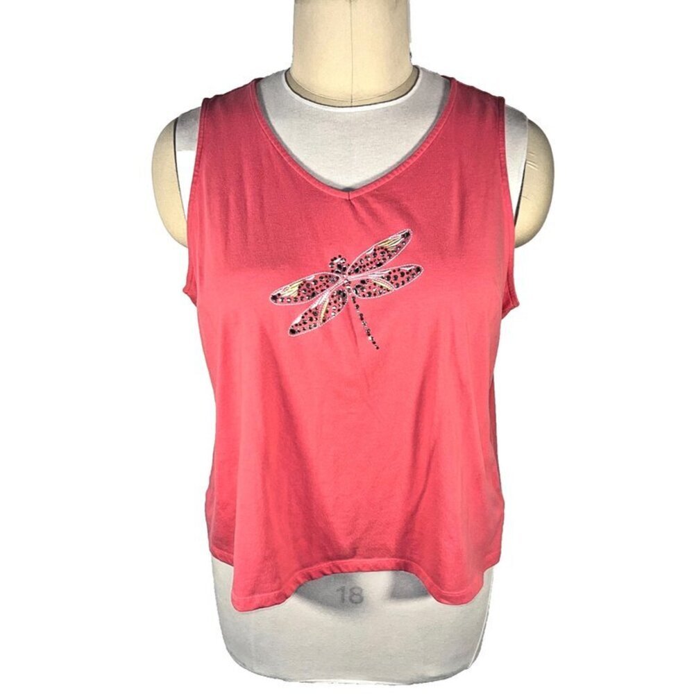 Coral Bay Tank Top Women's 2XL Pink with Silver Beaded Yellow Dragonfly